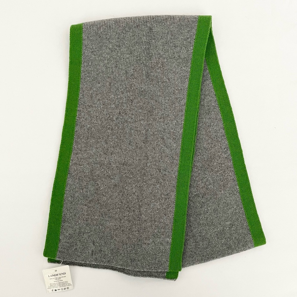 NWT Lands' End Kid's Knit Scarf Gray Green Soft Cotton Wool Blend Classic Preppy